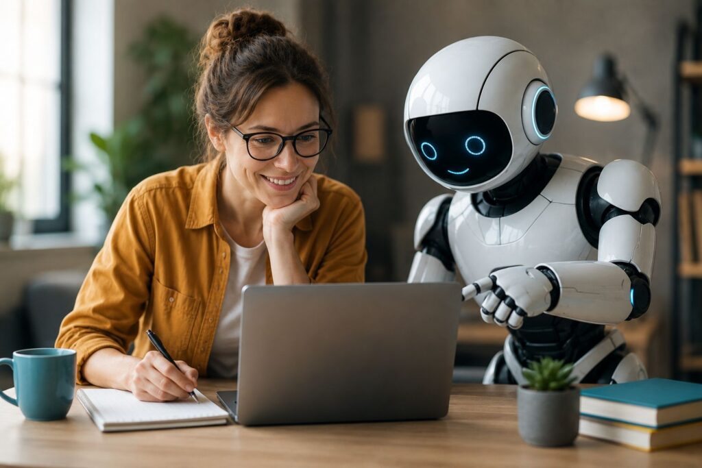 AI Robot helping business lady at her laptop - using AI without sounding like everybody else