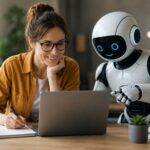 AI Robot helping business lady at her laptop - using AI without sounding like everybody else