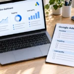 Advertising account Google Ads audit checklist beside a laptop showing campaign data. AI Generated