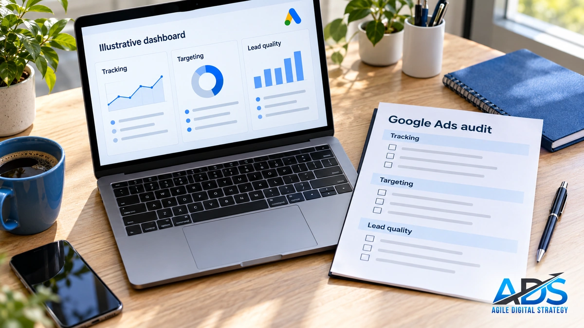 Advertising account Google Ads audit checklist beside a laptop showing campaign data. AI Generated