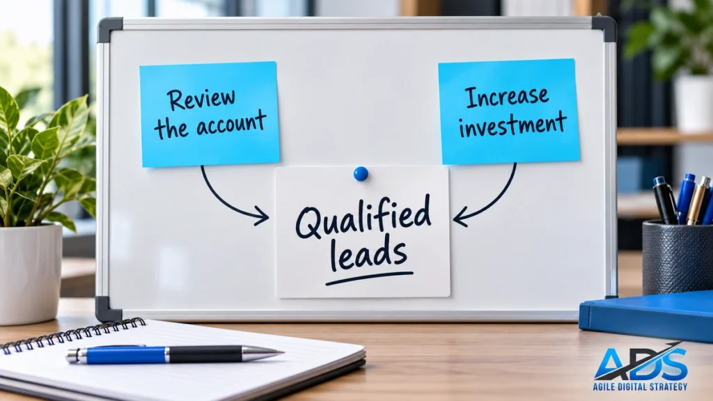 Business planning board comparing account improvements with higher advertising investment. To increase google Ads budget or fix issues